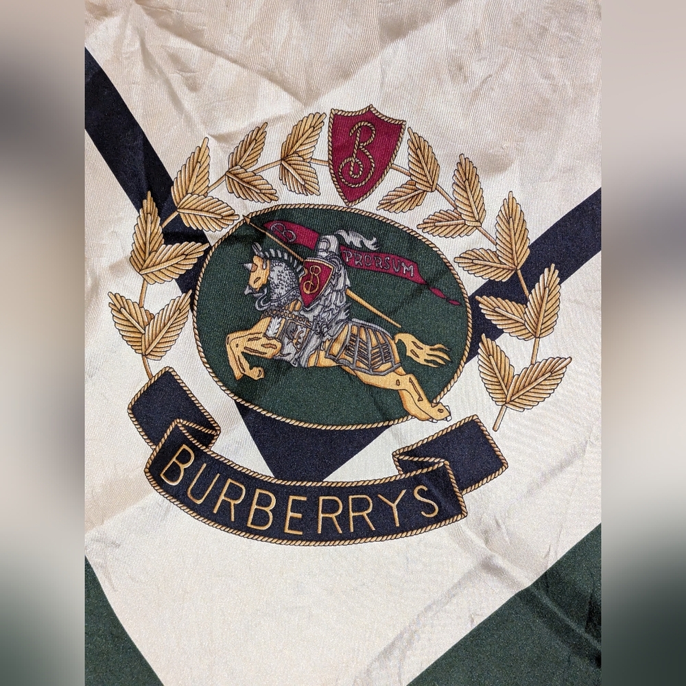 Burberrys Silk Square Scarf Wrap Vintage Navy Green Cream 33" x 33" COA GUC